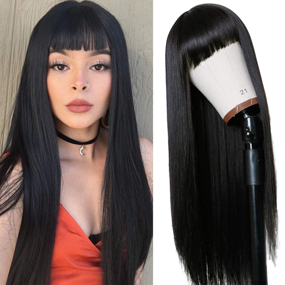 TIMANZO Long Straight Remy Hair Wig Natural Black Heat Resistant Fiber Wig with Bangs 24 Inch for Women Avelisse