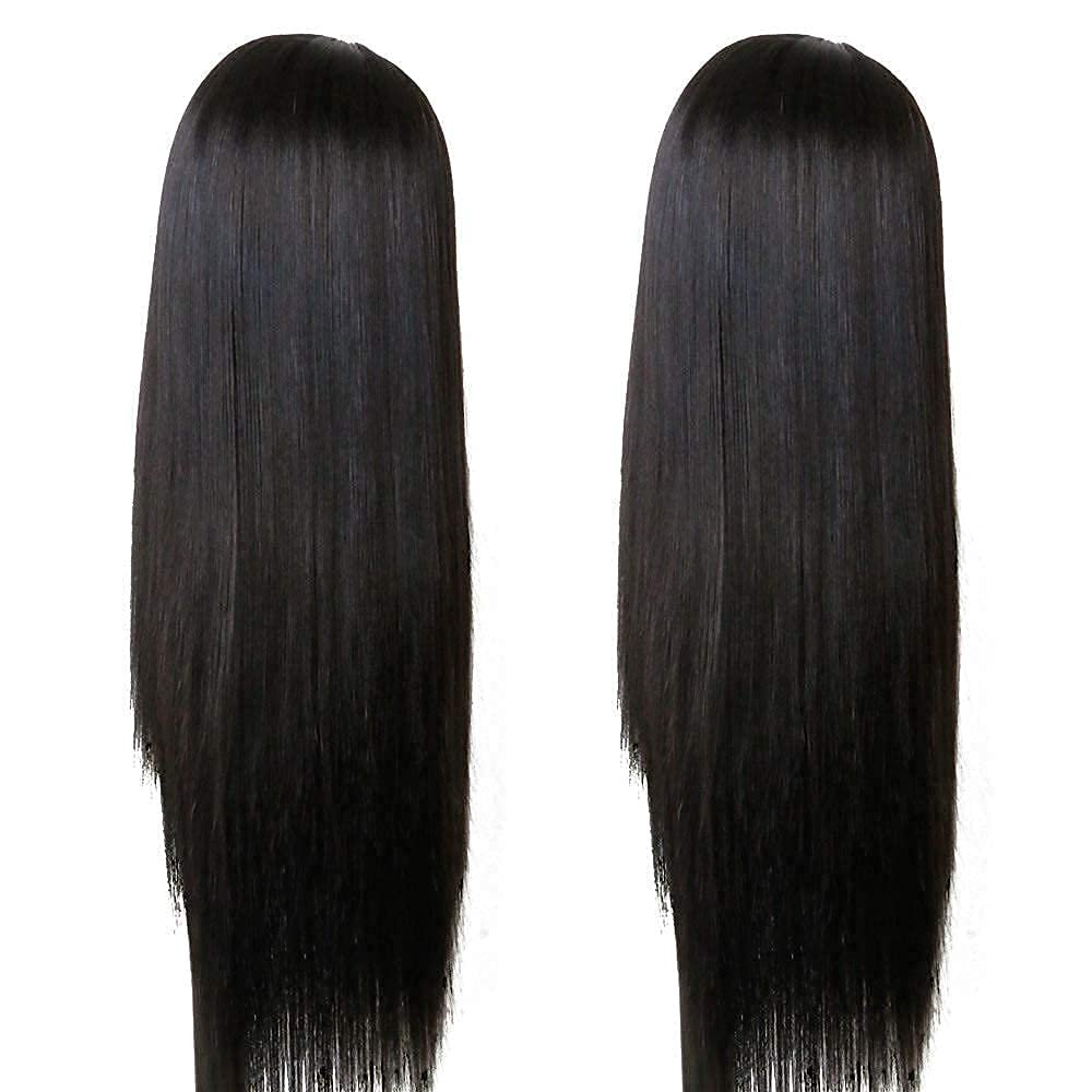 TIMANZO Long Straight Remy Hair Wig Natural Black Heat Resistant Fiber Wig with Bangs 24 Inch for Women Avelisse