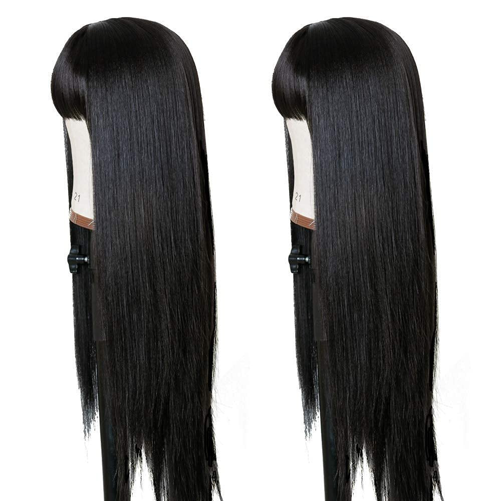 TIMANZO Long Straight Remy Hair Wig Natural Black Heat Resistant Fiber Wig with Bangs 24 Inch for Women Avelisse