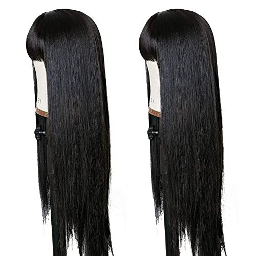TIMANZO Long Straight Remy Hair Wig Natural Black Heat Resistant Fiber Wig with Bangs 24 Inch for Women Avelisse