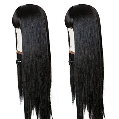 TIMANZO Long Straight Remy Hair Wig Natural Black Heat Resistant Fiber Wig with Bangs 24 Inch for Women Avelisse