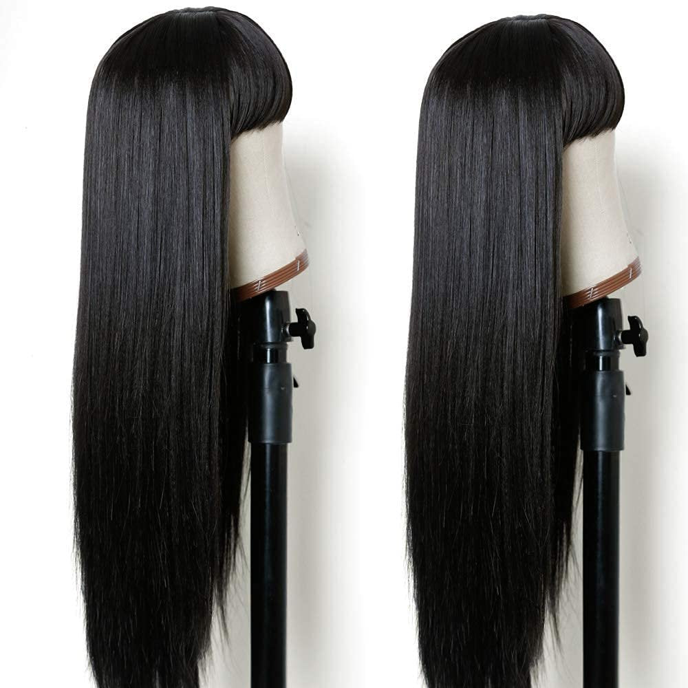 TIMANZO Long Straight Remy Hair Wig Natural Black Heat Resistant Fiber Wig with Bangs 24 Inch for Women Avelisse