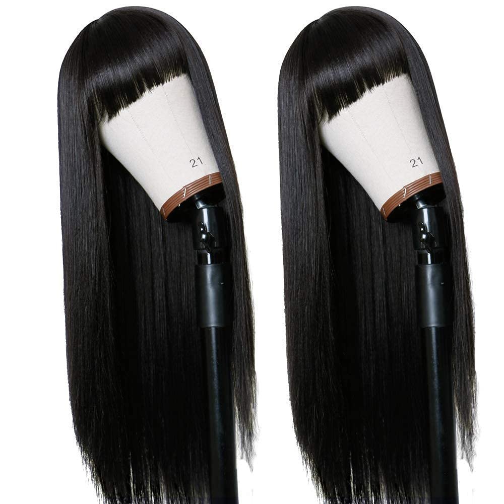 TIMANZO Long Straight Remy Hair Wig Natural Black Heat Resistant Fiber Wig with Bangs 24 Inch for Women Avelisse