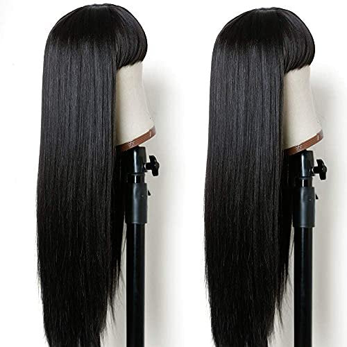 TIMANZO Long Straight Remy Hair Wig Natural Black Heat Resistant Fiber Wig with Bangs 24 Inch for Women Avelisse