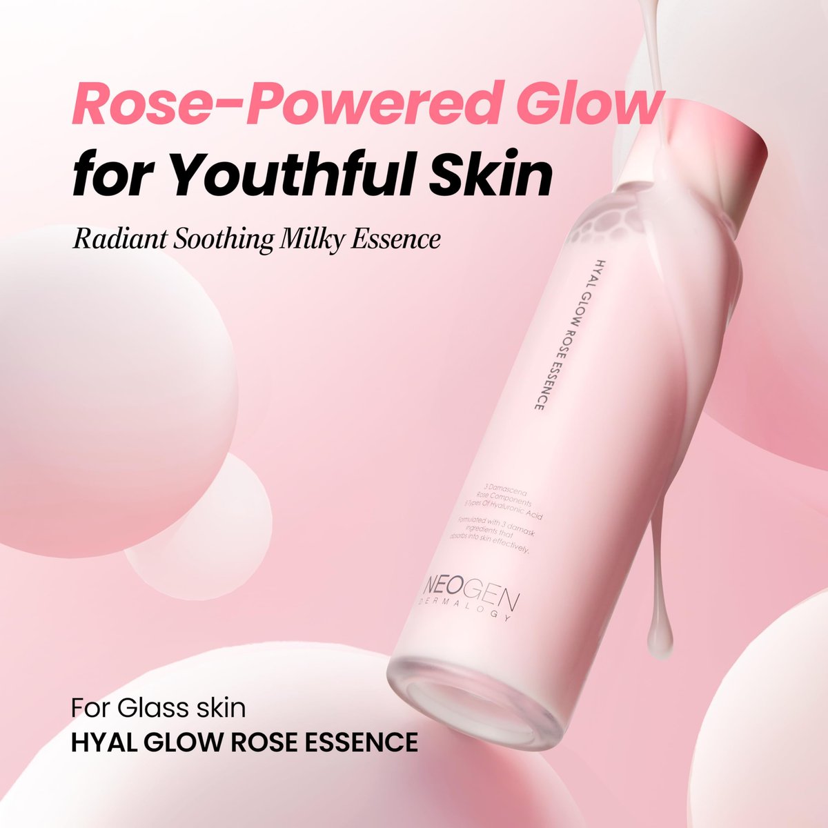 DERMALOGY by Neogen Hyal Glow Rose Essence - Hydrating Essence with 74% Damask Rose Water & Flower Oil & Extract, 160ml Avelisse