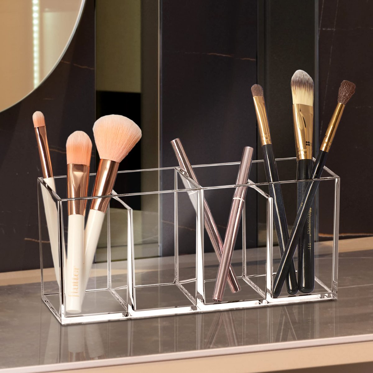 Amazing Abby Glamour Acrylic 4-Compartment Makeup Organizer – Clear Transposable Brush Holder for Bathroom Vanity Avelisse