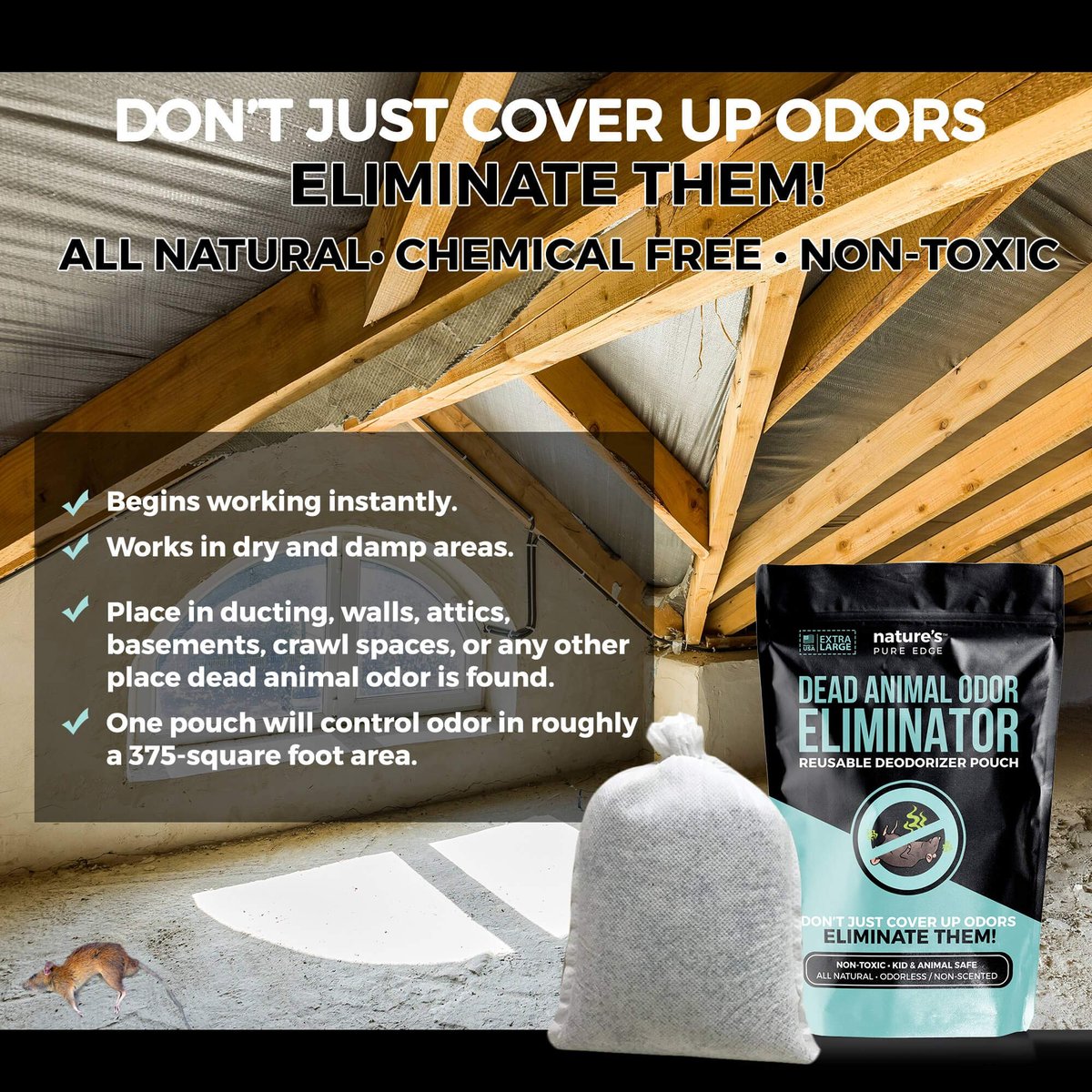 Nature's Pure Edge Dead Animal Smell Eliminator Pouch – Fragrance-Free Activated Charcoal Odor Absorber with Specialized Zeolite – for Attics, Walls, Crawlspaces – XL Covers 375 Sq Ft – Pet & Kid Safe - görsel 7