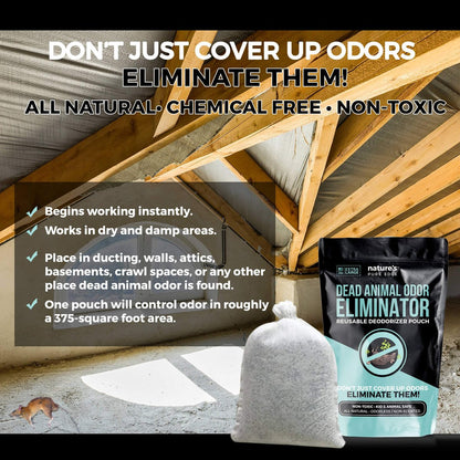 Nature's Pure Edge Dead Animal Smell Eliminator Pouch – Fragrance-Free Activated Charcoal Odor Absorber with Specialized Zeolite – for Attics, Walls, Crawlspaces – XL Covers 375 Sq Ft – Pet & Kid Safe