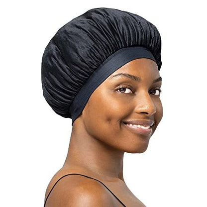 Stay On Satin Satin Edge Bonnet - Black - Premium Satin Shower Cap for Hair Protection