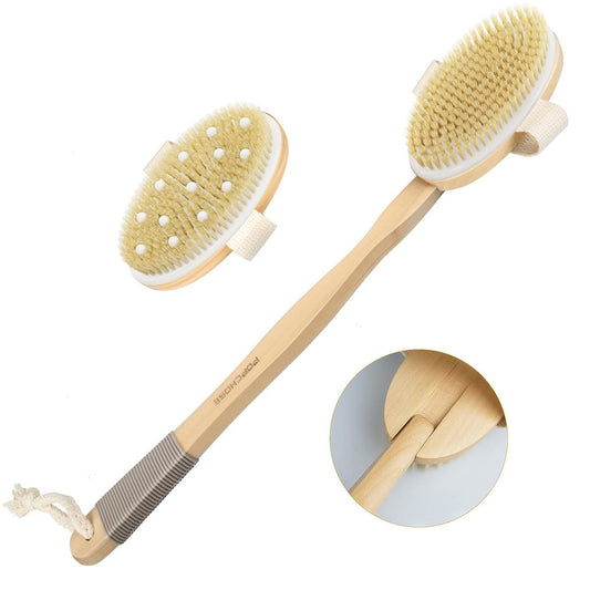 POPCHOSE Dry Brushing Body Brush – Long Handle, Detachable Dual Brush Heads, Natural Bristle Exfoliator for Men & Women Avelisse