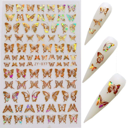 NAIL ANGEL 8 Sheets Laser Gold & Silver Butterfly Nail Art Stickers - Vinyl Decals for DIY Manicure