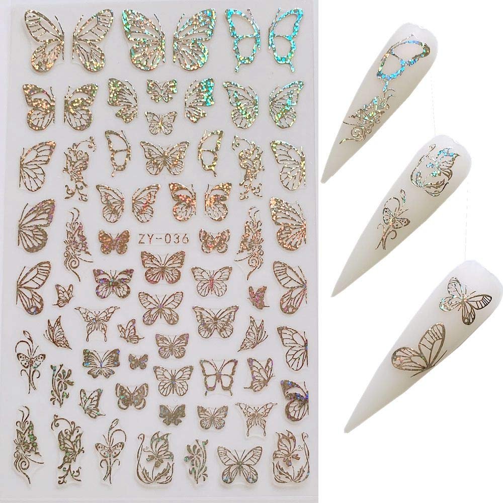 NAIL ANGEL 8 Sheets Laser Gold & Silver Butterfly Nail Art Stickers - Vinyl Decals for DIY Manicure - görsel 9