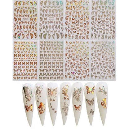 NAIL ANGEL 8 Sheets Laser Gold & Silver Butterfly Nail Art Stickers - Vinyl Decals for DIY Manicure
