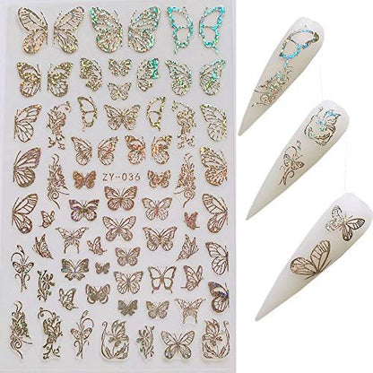 NAIL ANGEL 8 Sheets Laser Gold & Silver Butterfly Nail Art Stickers - Vinyl Decals for DIY Manicure