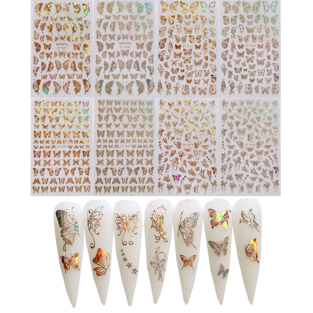 NAIL ANGEL 8 Sheets Laser Gold & Silver Butterfly Nail Art Stickers - Vinyl Decals for DIY Manicure - görsel 3