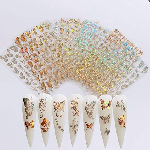 NAIL ANGEL 8 Sheets Laser Gold & Silver Butterfly Nail Art Stickers - Vinyl Decals for DIY Manicure - görsel 2