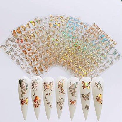 NAIL ANGEL 8 Sheets Laser Gold & Silver Butterfly Nail Art Stickers - Vinyl Decals for DIY Manicure