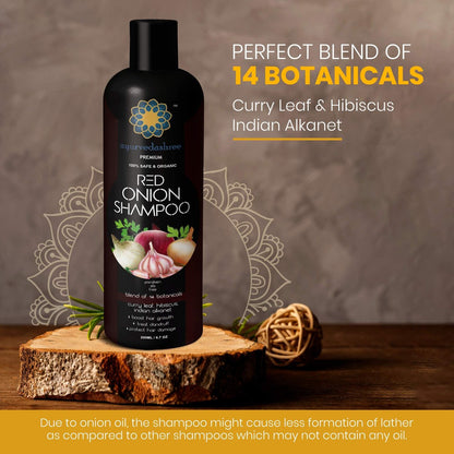 AYURVEDASHREE Red Onion Hair Growth & Hair Fall Control Shampoo – With Curry Leaf, Hibiscus, Indian Alanket, Blend of 14 Botanicals 200ML - SLS and Paraben Free - 100% Safe & Premium for All Hair Types