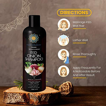 AYURVEDASHREE Red Onion Hair Growth & Hair Fall Control Shampoo – With Curry Leaf, Hibiscus, Indian Alanket, Blend of 14 Botanicals 200ML - SLS and Paraben Free - 100% Safe & Premium for All Hair Types