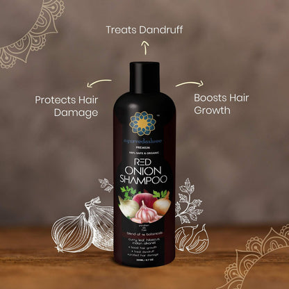 AYURVEDASHREE Red Onion Hair Growth & Hair Fall Control Shampoo – With Curry Leaf, Hibiscus, Indian Alanket, Blend of 14 Botanicals 200ML - SLS and Paraben Free - 100% Safe & Premium for All Hair Types