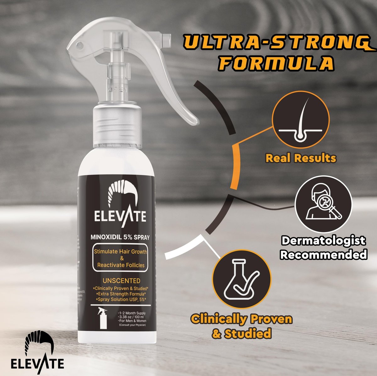 Elevate Hair Regrowth Treatment 5% Minoxidil Spray - Extra Strength Formula for Men and Women - 1 Month Supply Avelisse