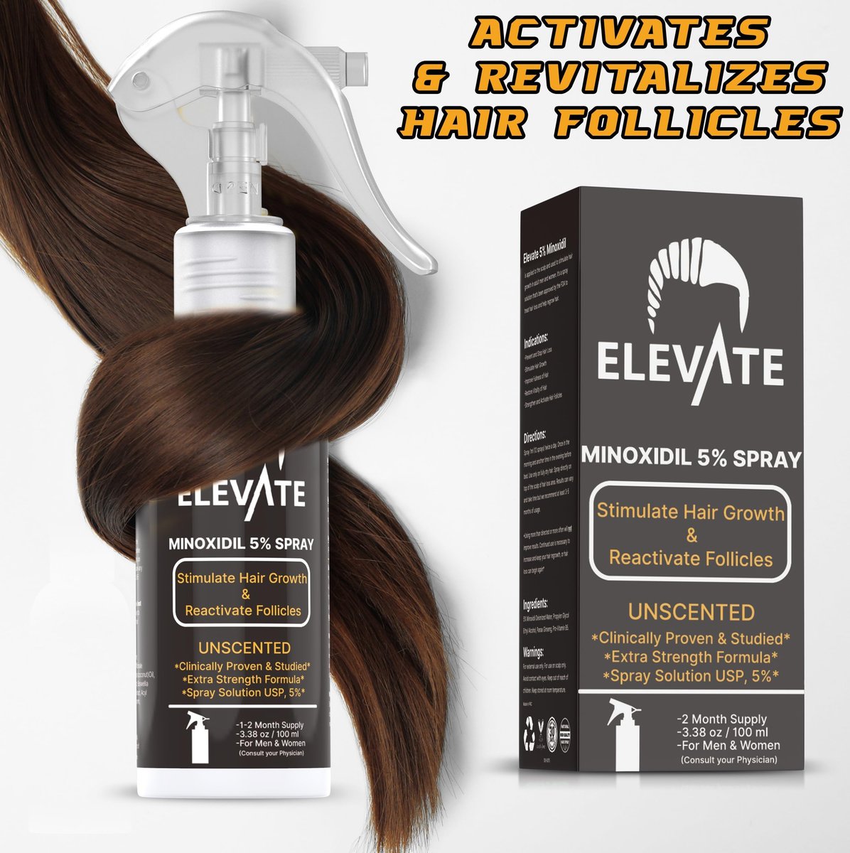Elevate Hair Regrowth Treatment 5% Minoxidil Spray - Extra Strength Formula for Men and Women - 1 Month Supply Avelisse