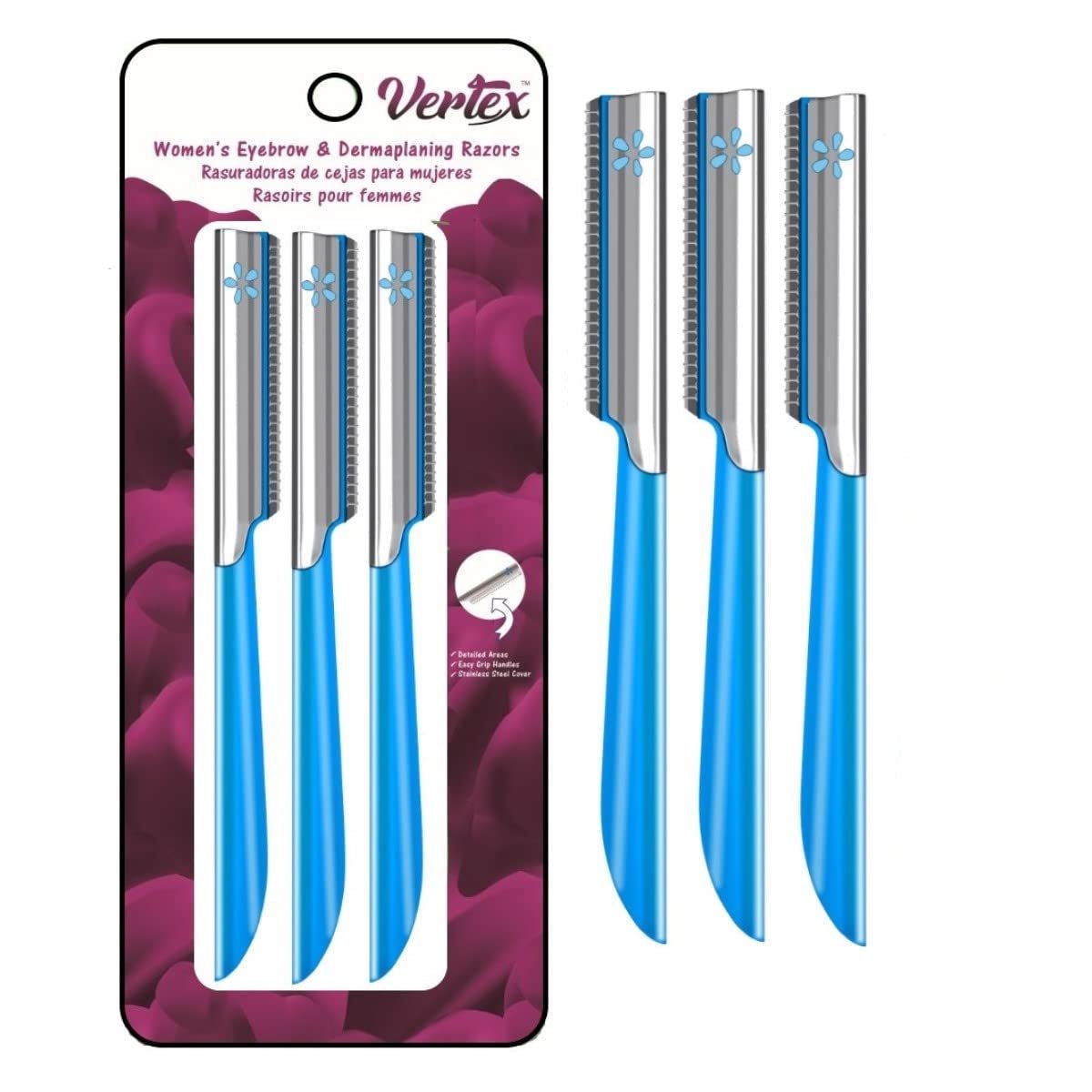 Vertex Dermaplaning Tool – Facial Razor for Women, Peach Fuzz Remover, Exfoliating Sensitive Skin, 3-Pack Pink - görsel 1
