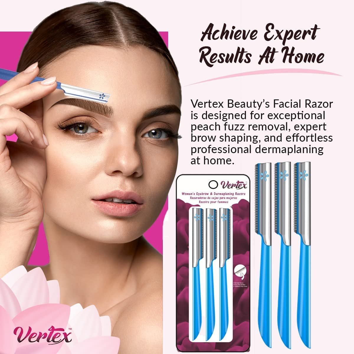 Vertex Dermaplaning Tool – Facial Razor for Women, Peach Fuzz Remover, Exfoliating Sensitive Skin, 3-Pack Pink - görsel 3