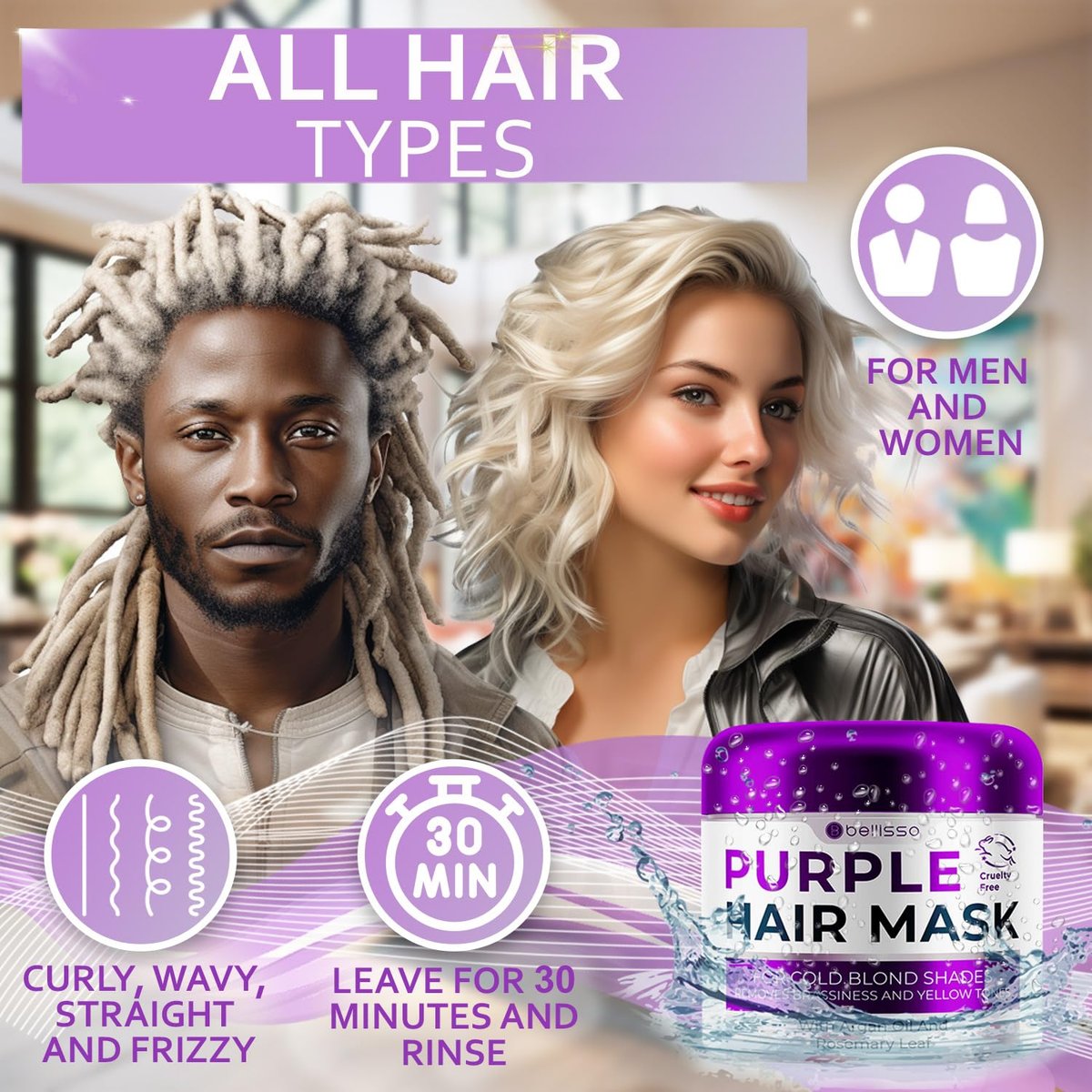 BELLISSO Purple Hair Mask – Deep Conditioner & Toner for Blonde & Brassy Hair | Hydrating Repair & After Bleach Treatment for Damaged Dry Hair | Moisture Conditioning for Bleached Women and Men - görsel 11