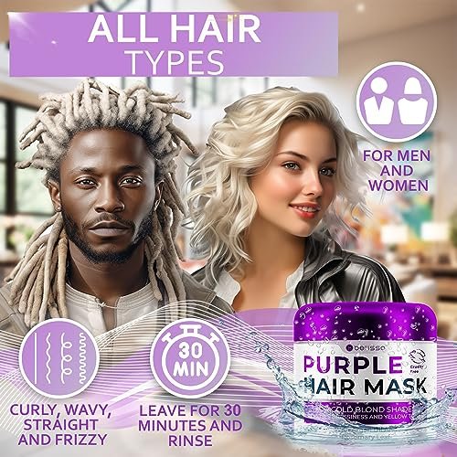 BELLISSO Purple Hair Mask – Deep Conditioner & Toner for Blonde & Brassy Hair | Hydrating Repair & After Bleach Treatment for Damaged Dry Hair | Moisture Conditioning for Bleached Women and Men - görsel 12