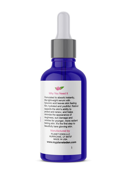 Planet Eden 2.5% Retinol and Hyaluronic Acid Serum - Antioxidant Serum with Aloe Vera, Vitamin E & Green Tea for Luminous Skin