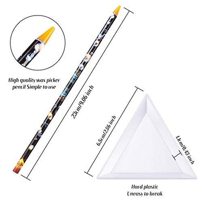 Blulu 10 Pcs Wax Pencil for Rhinestone Nail Point Drill Wax Pen Diamond Art Dotting Pen Self Adhesive Resin Picker Pencil Gem Picker Tool with 5 Pcs Triangular Bead Sorting Plate for Nail DIY Decor