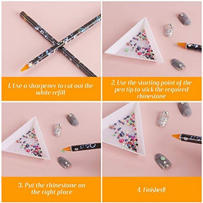 Blulu 10 Pcs Wax Pencil for Rhinestone Nail Point Drill Wax Pen Diamond Art Dotting Pen Self Adhesive Resin Picker Pencil Gem Picker Tool with 5 Pcs Triangular Bead Sorting Plate for Nail DIY Decor