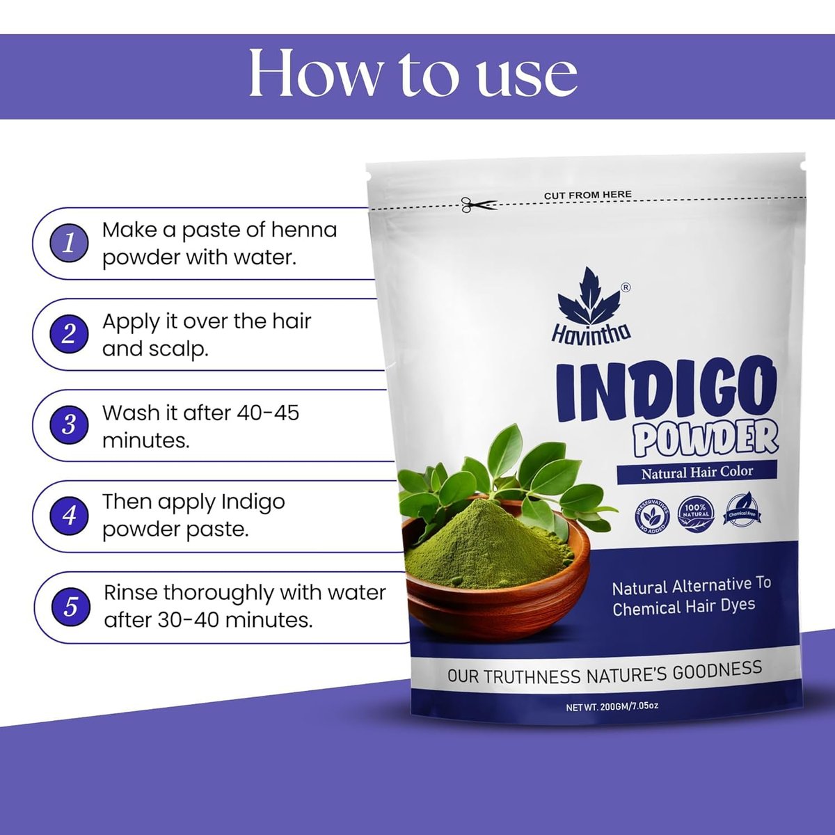 Havintha Natural Indigo Powder and Henna Powder Combo for Black Hair Colour (200g+200g) - görsel 3