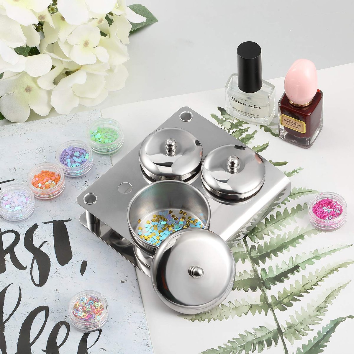 3 Pieces Acrylic Liquid Container Set - Stainless Steel Acrylic Liquid Powder Cup with Lids for Nail Design Tools - Silver Avelisse