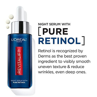 L'Oreal Paris Revitalift 0.3% Pure Retinol Night Serum – Reduce Deep Wrinkles, Fragrance Free, 1 oz + Moisturizer Sample Avelisse