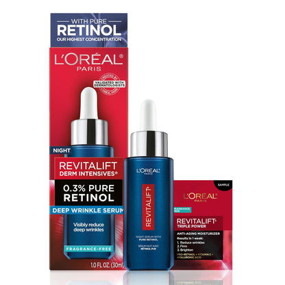 L'Oreal Paris Revitalift 0.3% Pure Retinol Night Serum – Reduce Deep Wrinkles, Fragrance Free, 1 oz + Moisturizer Sample Avelisse