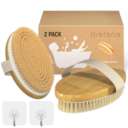 Metene Dry Brushing Body Brush – Soft & Stiff Natural Bristles for Exfoliating, Massage & Cellulite – Improve Circulation – 2 Pack (Blue)