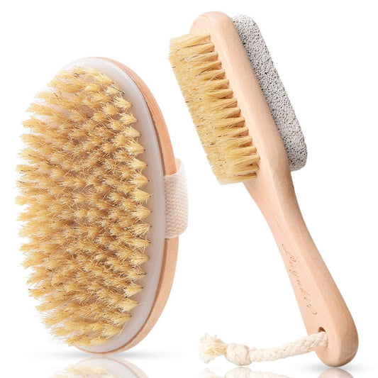 LAYUKI Body Brush for Dry or Wet Brushing and 2-Sided Foot File Scrubber Set – Exfoliating Skin, Cellulite Treatment, Foot File with Pumice Stone (Beige, 2 Piece Set)