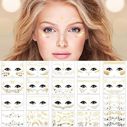 Zonon 20 Sheets Gold Glitter Freckles Face Tattoo - Sparkle Metallic Temporary Tattoo Stickers for Women, Halloween, Christmas, and Costume Parties