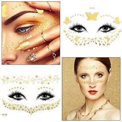 Zonon 20 Sheets Gold Glitter Freckles Face Tattoo - Sparkle Metallic Temporary Tattoo Stickers for Women, Halloween, Christmas, and Costume Parties