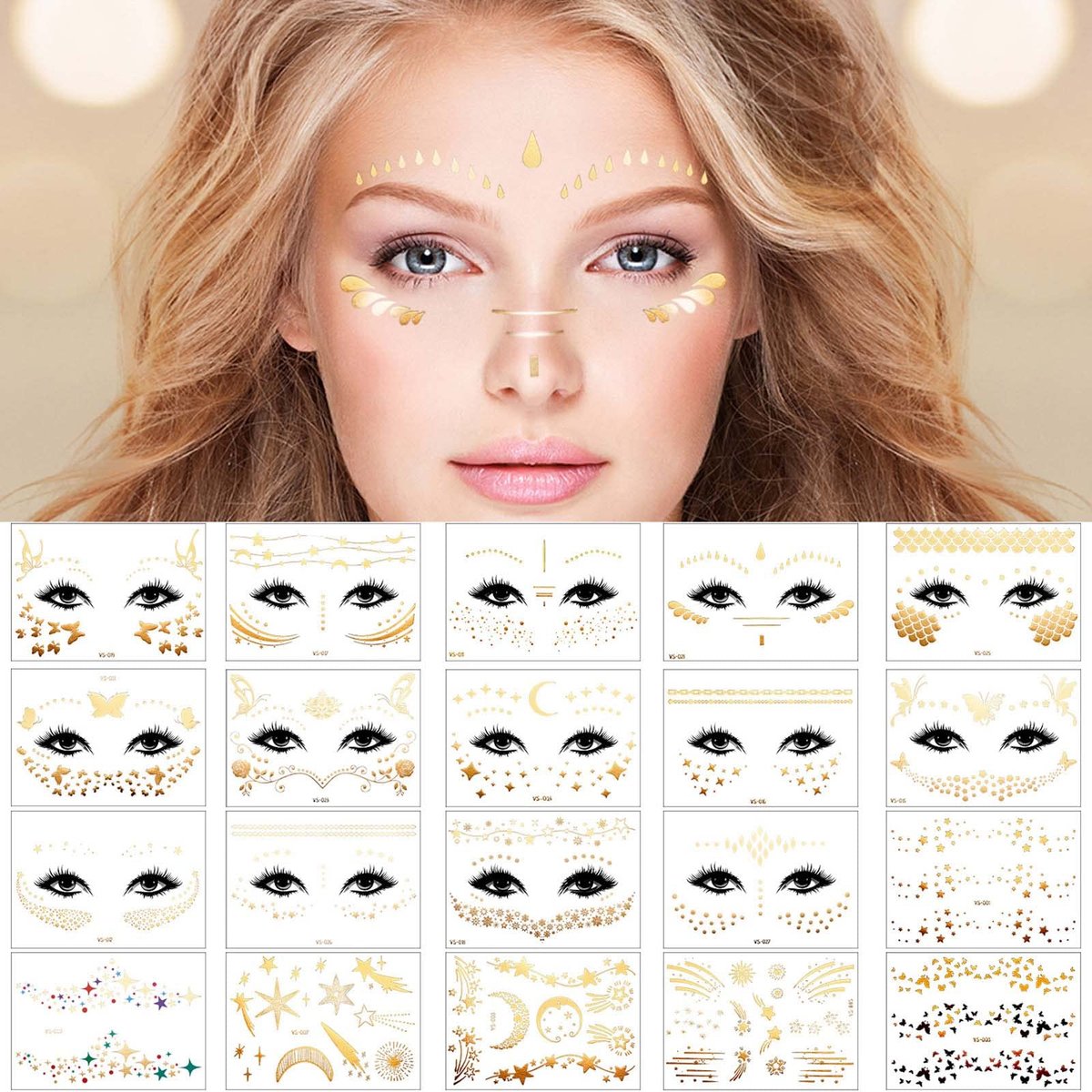Zonon 20 Sheets Gold Glitter Freckles Face Tattoo - Sparkle Metallic Temporary Tattoo Stickers for Women, Halloween, Christmas, and Costume Parties - görsel 1