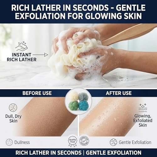 4-Pack Large Bath Puff Loofah Sponge with – Colors: Blue, Green, Pink, Purple (assorted) – Image 10