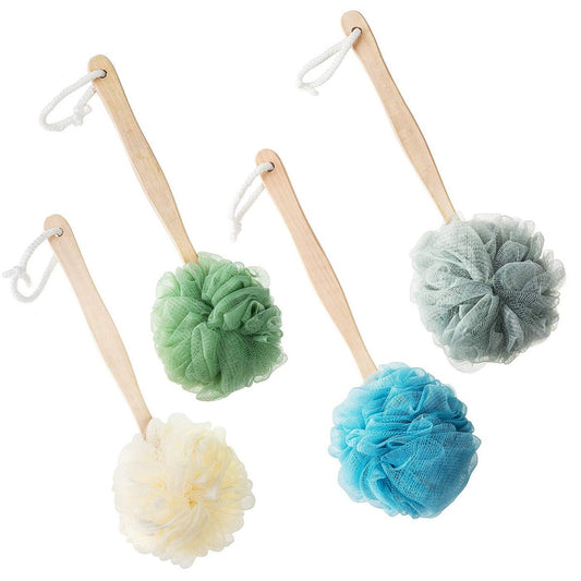 4-Pack Large Bath Puff Loofah Sponge with Long Handle – Shower Loofah & Back Brush for Women and Men (4 Colors) Avelisse