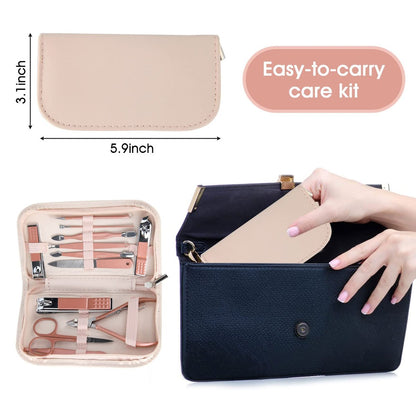 12-in-1 Nail Clippers and Beauty Tool Portable Set with Pink Leather Bag – Stainless Steel Manicure Kit for Home, Travel, and Gift Giving