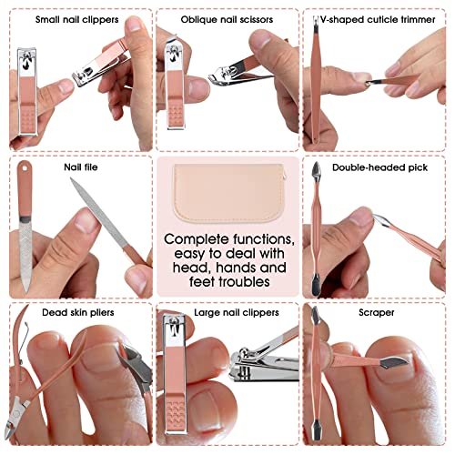 12-in-1 Nail Clippers and Beauty Tool Portable Set with Pink Leather Bag – Stainless Steel Manicure Kit for Home, Travel, and Gift Giving - görsel 9
