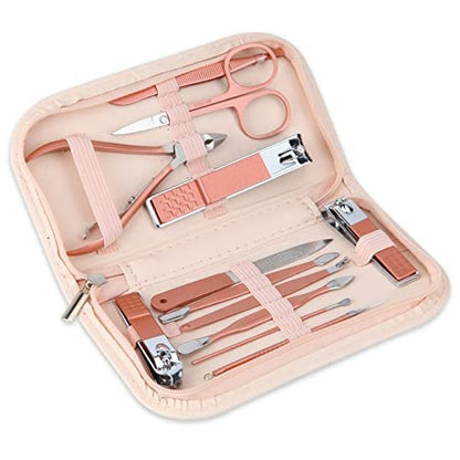 12-in-1 Nail Clippers and Beauty Tool Portable Set with Pink Leather Bag – Stainless Steel Manicure Kit for Home, Travel, and Gift Giving