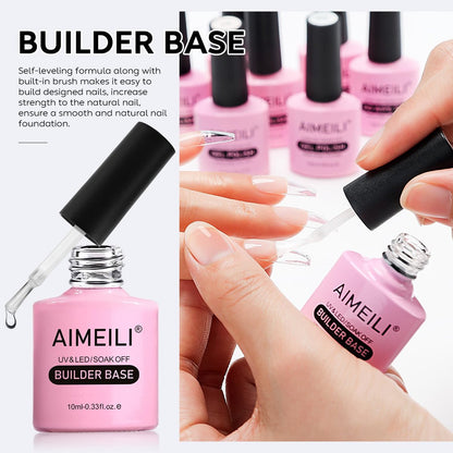 AIMEILI 5 in 1 Builder Base Hema Free Clear Builder Nail Gel for Nails Extension and No Wipe Top Set Soak Off UV LED Cruelty Free Vegan Gel Nail Lacquer