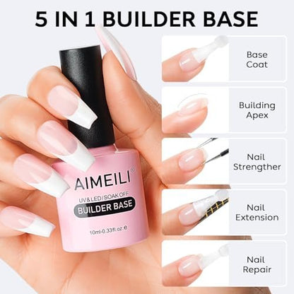AIMEILI 5 in 1 Builder Base Hema Free Clear Builder Nail Gel for Nails Extension and No Wipe Top Set Soak Off UV LED Cruelty Free Vegan Gel Nail Lacquer