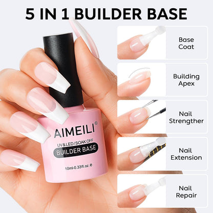 AIMEILI 5 in 1 Builder Base Hema Free Clear Builder Nail Gel for Nails Extension and No Wipe Top Set Soak Off UV LED Cruelty Free Vegan Gel Nail Lacquer
